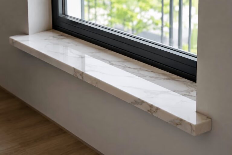 Leštený biely mramorový parapet so sivým žilkovaním pod čiernym okenným rámom